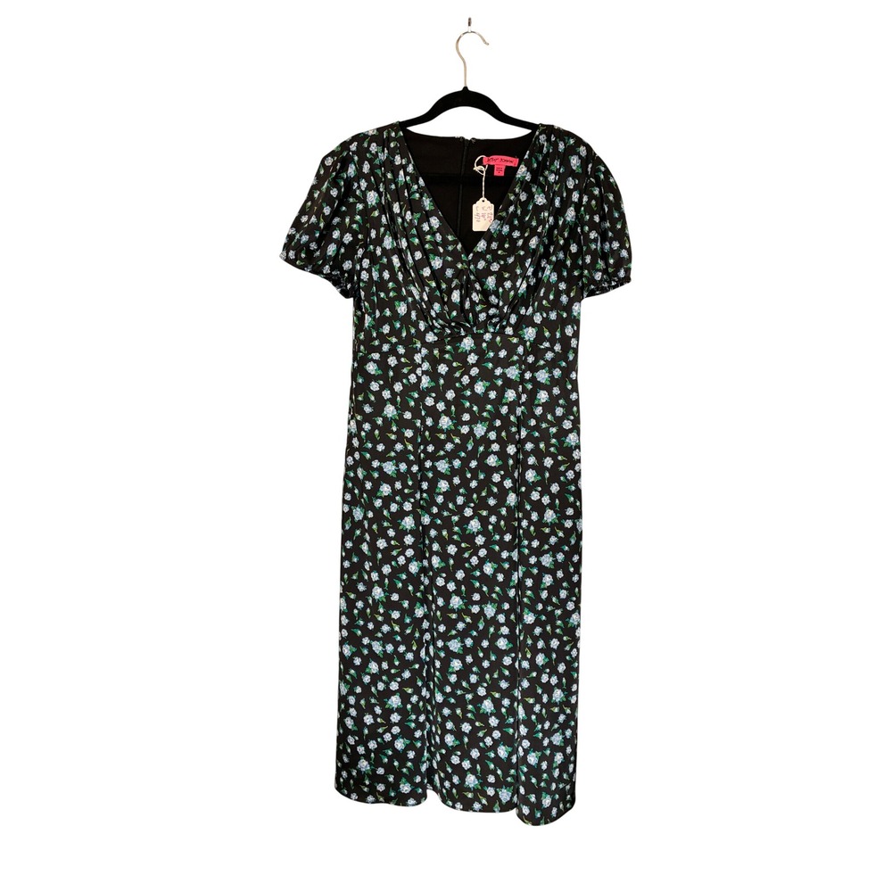 Betsey Johnson Floral Satin Midi Dress Coquette Pleated V-Neck 8 Black Blue